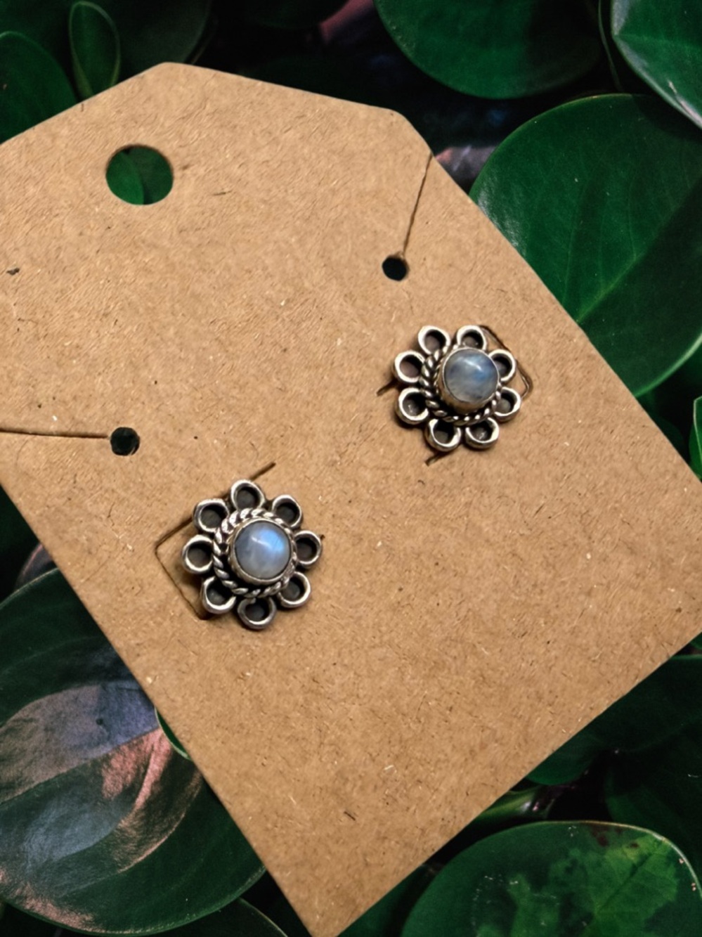 Sterling Silver Floral Moonstone Stud Earrings | Blue Flash Moonstone | New